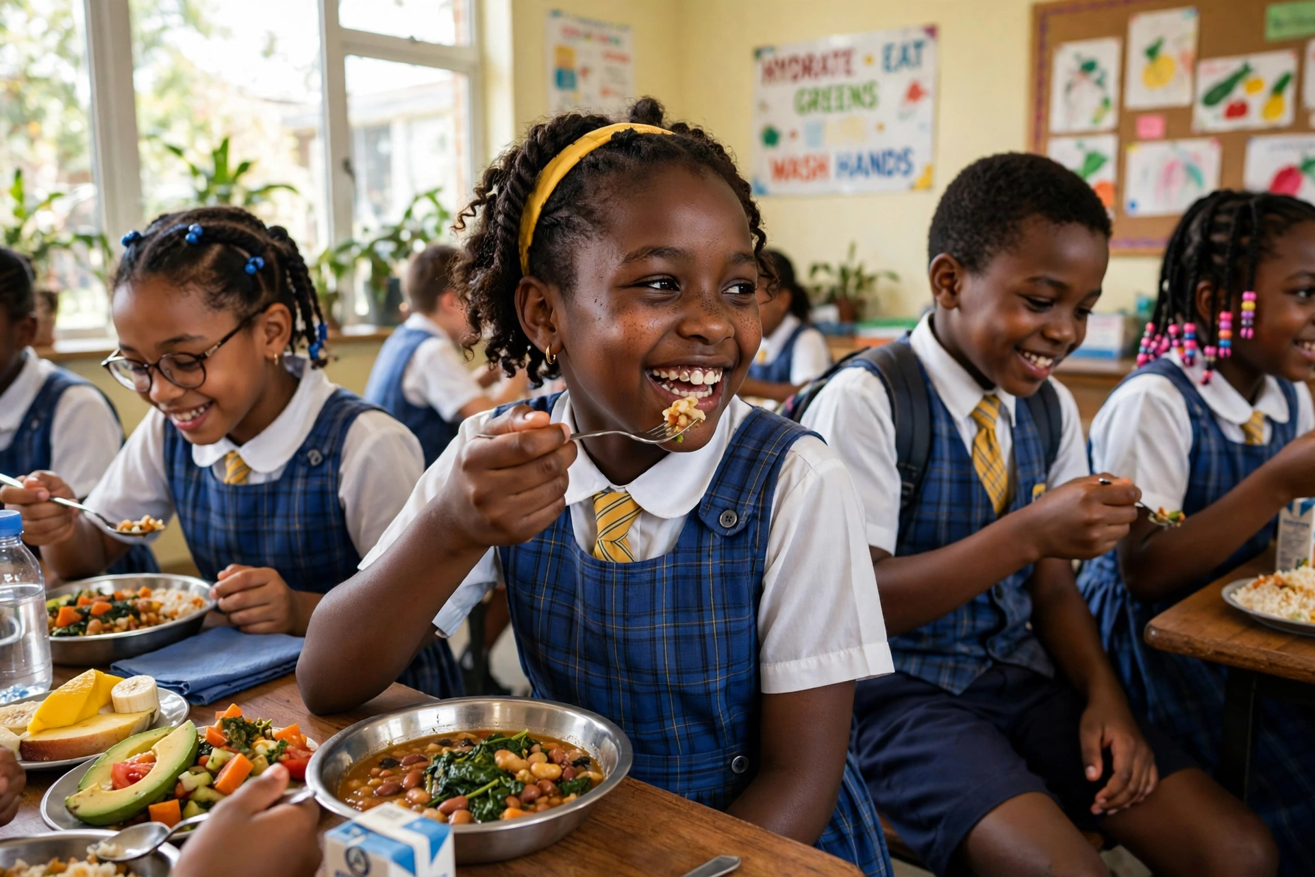 Primary school girl smiling while eating school lunch with classmates