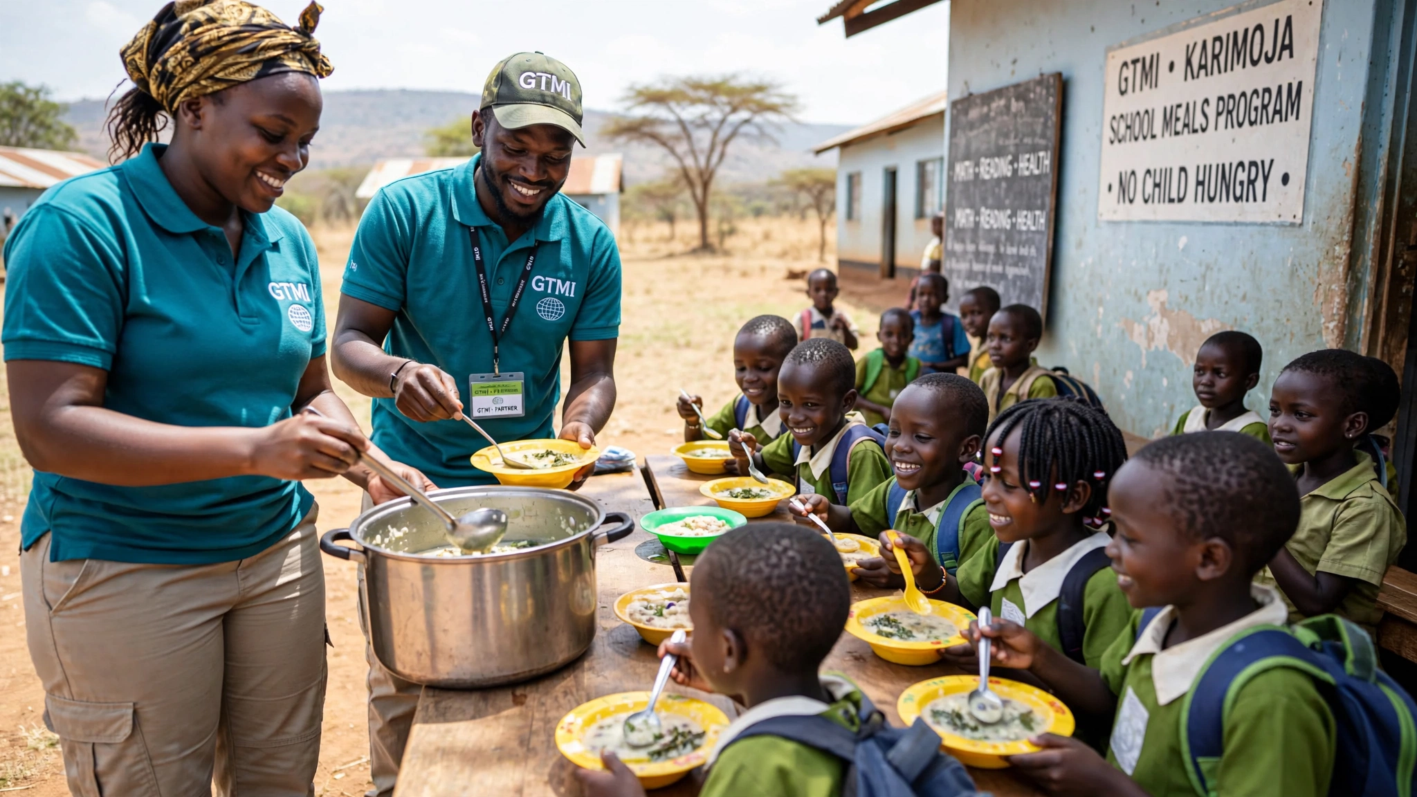 Children receiving a nutritious school meal served by local GTMI partners