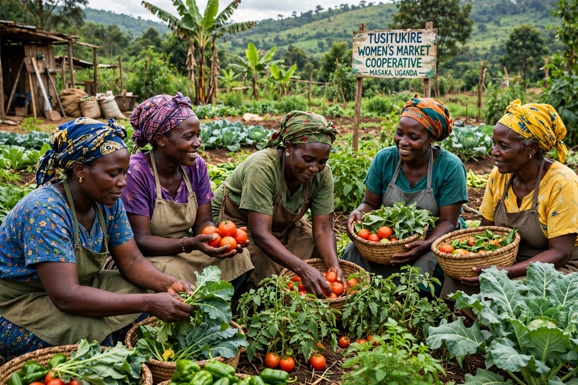 Women farmers harvesting vegetables from their market garden cooperative