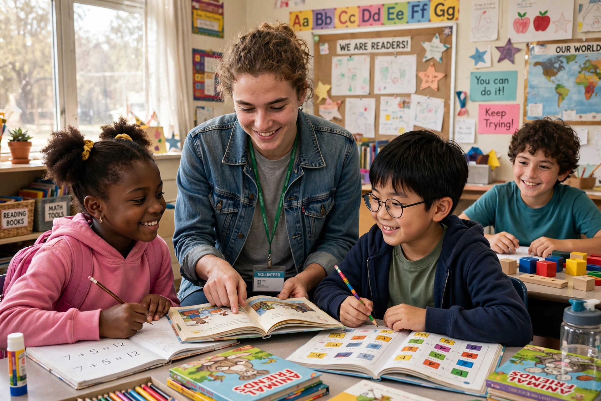 Volunteer teacher working with students in a classroom setting
