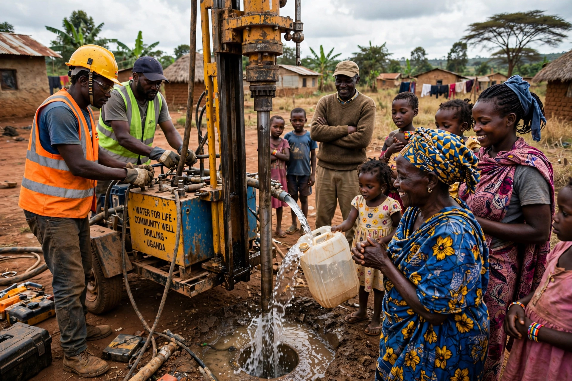 Community members gathering around a new borehole well