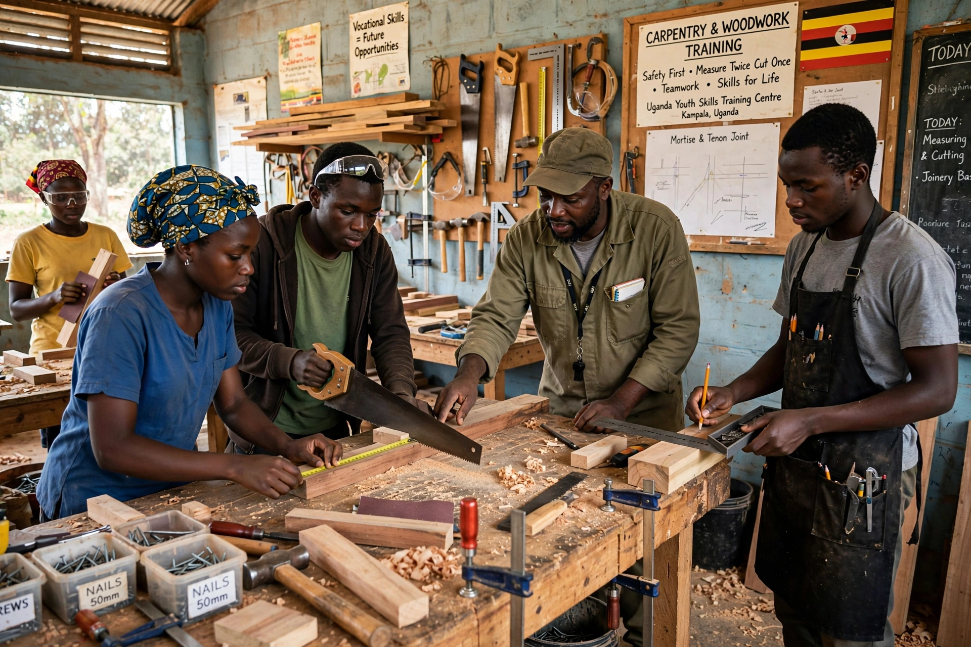 Youth learning vocational skills in woodworking and carpentry training center